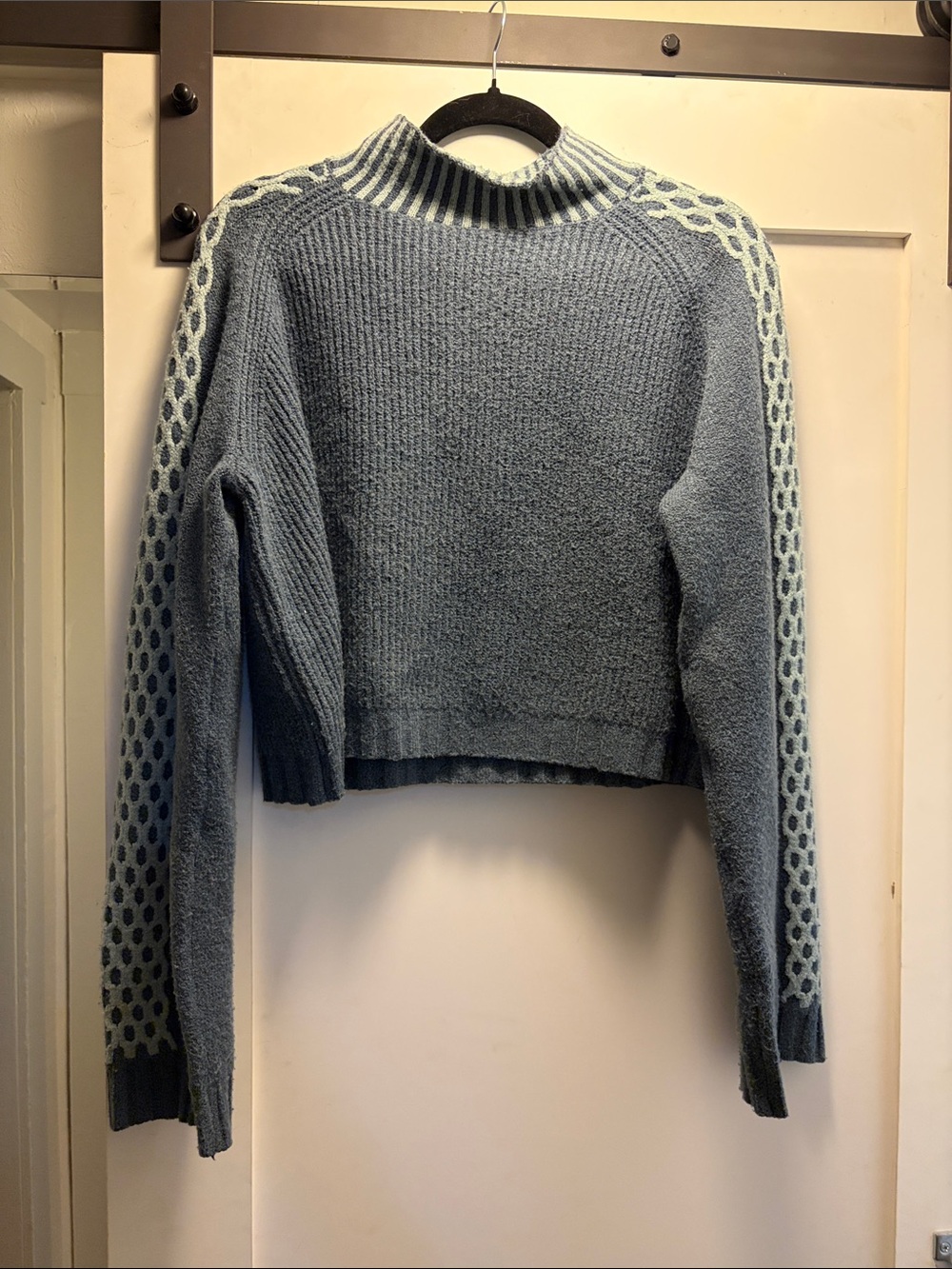 wild fable Blue Cropped Mock-Neck Sweater with Patterned Sleeves